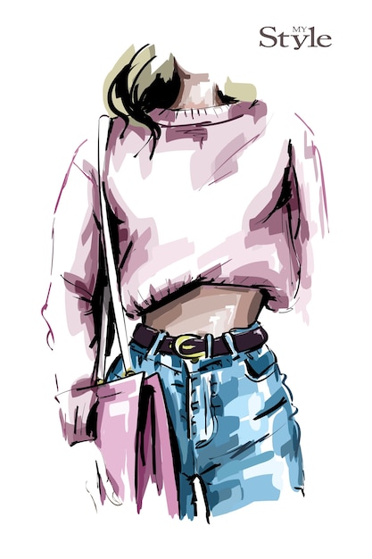 Hand drawn female body in jeans and shirt