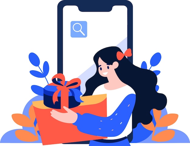 Personaggio femminile disegnato a mano che tiene in mano un regalo con uno smartphone in un concetto di acquisto online in stile piatto isolato sullo sfondo