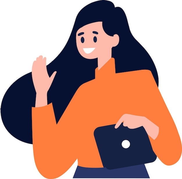 Hand Drawn Female character holding a tablet or smartphone in flat style isolated on background