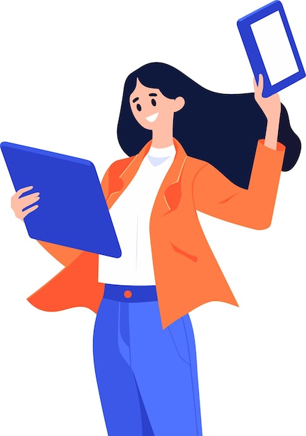 Vector hand drawn female character holding a tablet or smartphone in flat style isolated on background