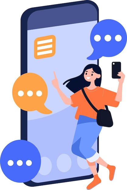 Vector hand drawn female character talking with smartphone in online communication concept in flat style isolated on background