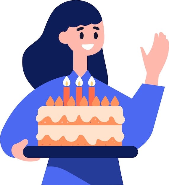 Hand Drawn Female character with birthday cake in flat style isolated on background