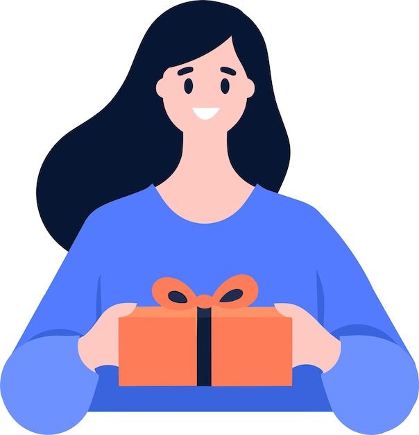 Hand Drawn female character with gift box in flat style isolated on background