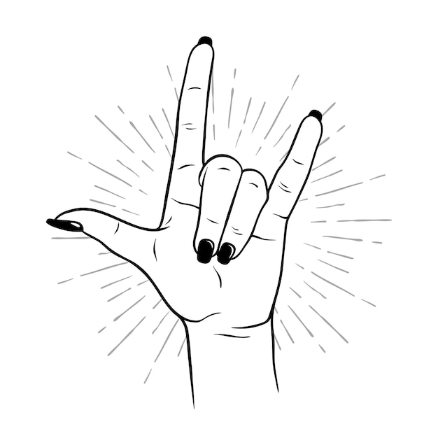 Hand drawn female hand in rock gesture Flash tattoo blackwork sticker patch or print design vector illustration