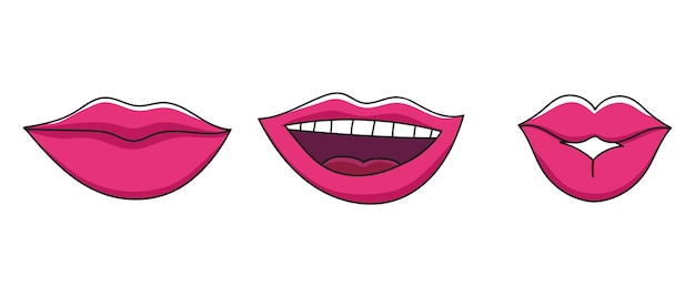 Hand drawn female lips with red lipstick smiling and kissing Vector illustration