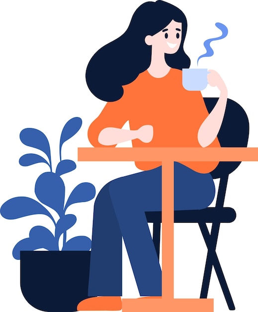 Hand Drawn Female office worker relaxing while drinking coffee in flat style isolated on background