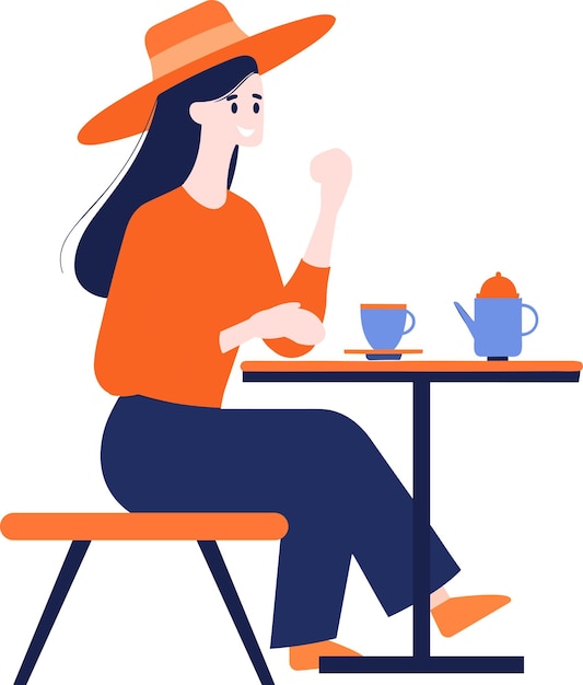 Vector hand drawn female office worker relaxing while drinking coffee in flat style isolated on background