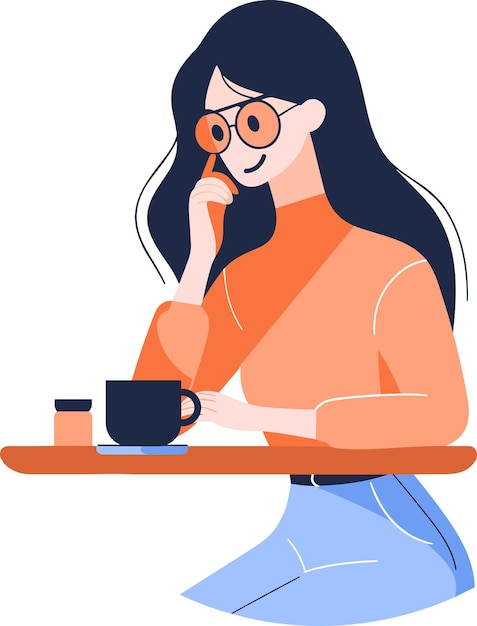 Hand Drawn Female office worker relaxing while drinking coffee in flat style isolated on background