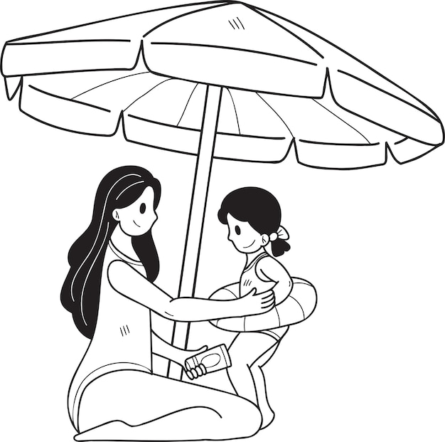 Hand drawn female tourists applying sunscreen to their children illustration in doodle style