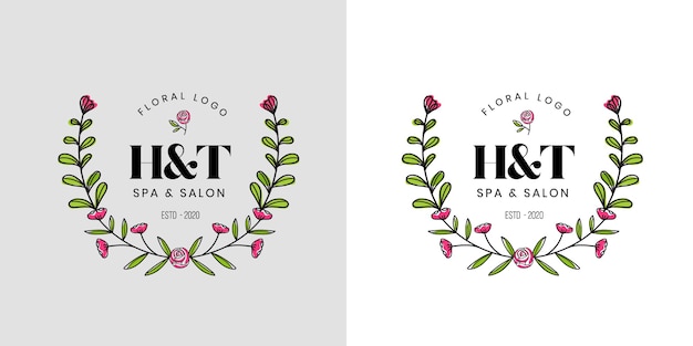 Hand drawn feminine beauty floral logo with flowers and leaves