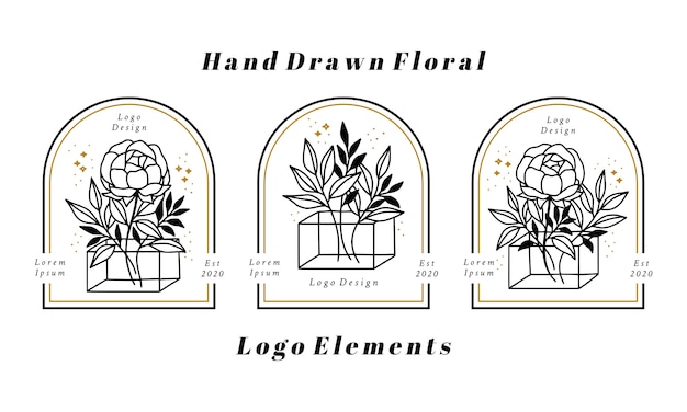 Hand drawn feminine beauty logo elements with peony flower and leaf branch