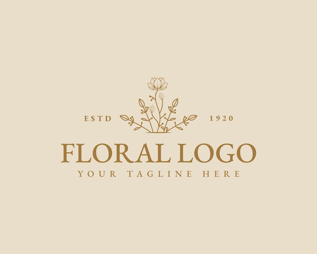 Modello di logo botanico floreale minimale di bellezza femminile disegnato a mano per la cura dei capelli della pelle del salone della stazione termale