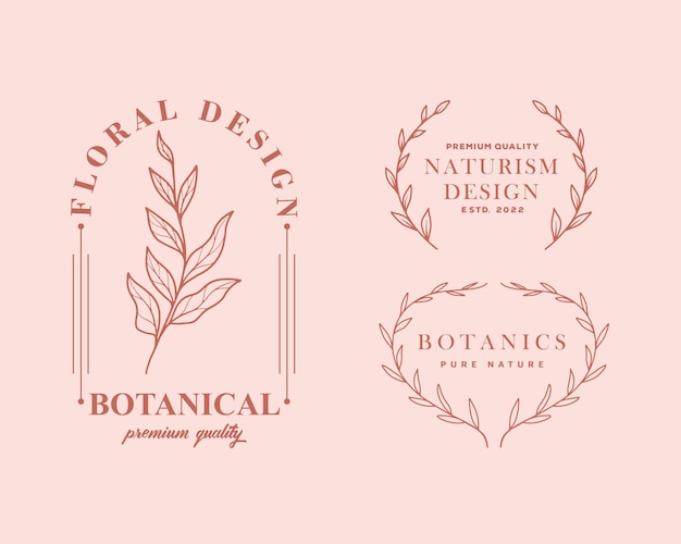 Insieme di modelli di logo botanico femminile disegnato a mano. illustrazione floreale retrò con tipografia di classe.