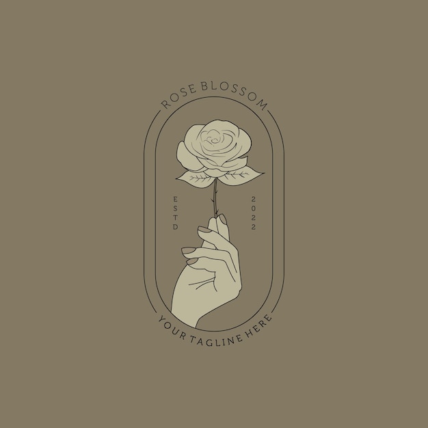 手描きのフェミニンなバラと手のロゴのベクター イラスト フェミニンなスタイルの創造的なロゴ デザイン ファッション ブロガー デザイン スタジオ スパ結婚式花屋美容とファッションの花のロゴのテンプレート