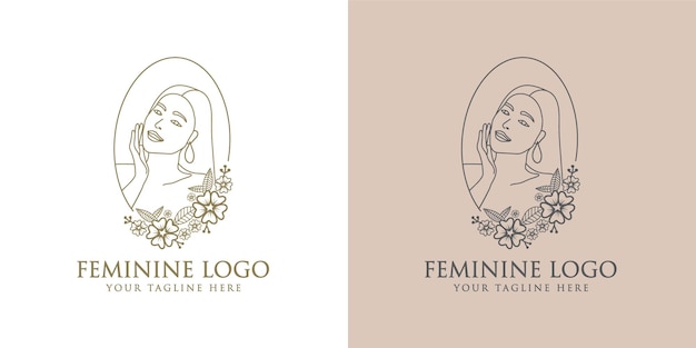 Hand drawn feminine woman floral beauty face botanical logo