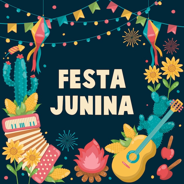 Hand drawn Festa Junina Brazil June Festival. Folklore Holiday. Guitar, Accordion, Cactus, Summer, Sunflower, Campfire, Flag