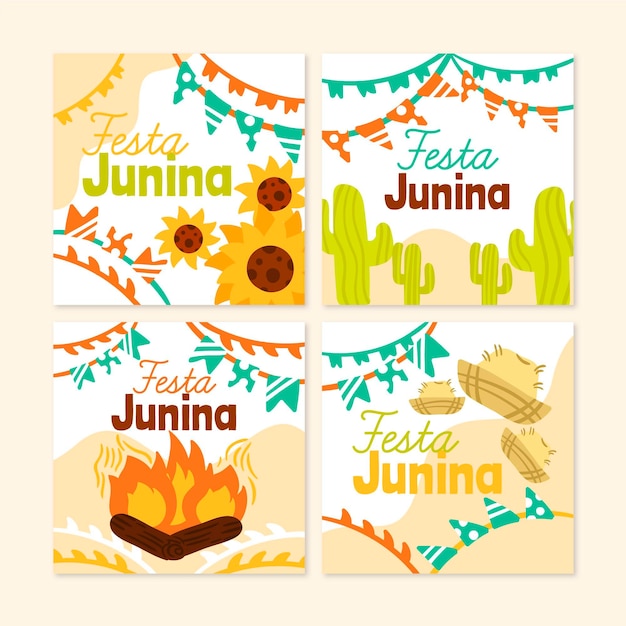 Vector hand drawn festa junina cards collection