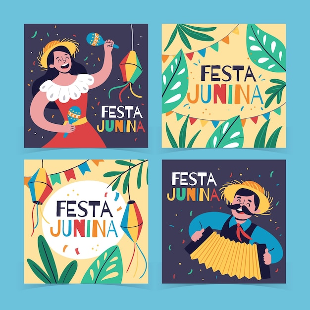 Vettore collezione di carte festa junina disegnata a mano