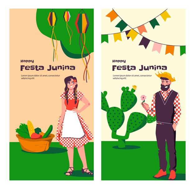 Vector hand drawn festa junina vertical banner template set