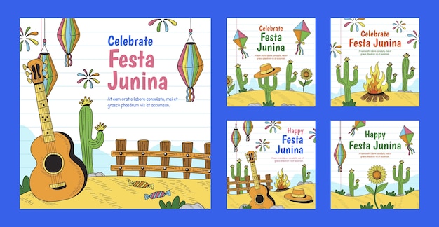 Hand drawn festas juninas instagram posts collection