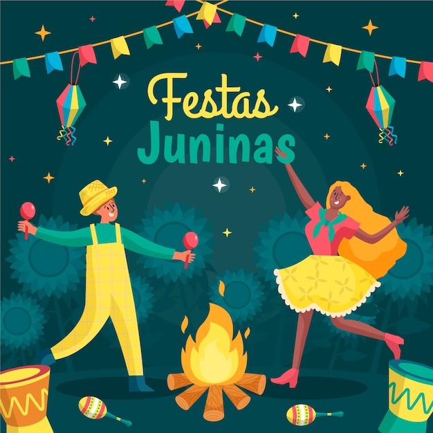 Vector hand drawn festas juninas people dancing illustrated