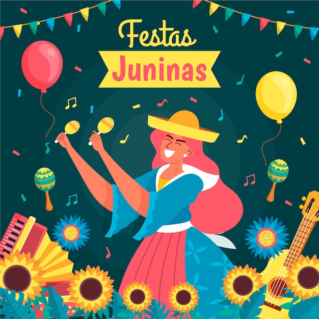 Vettore illustrazione di danza della donna di festas juninas disegnata a mano