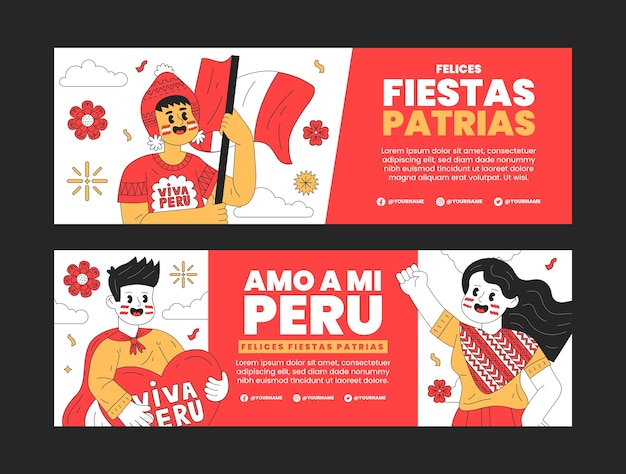 Vector hand drawn fiestas patrias peru horizontal banners with people and flag