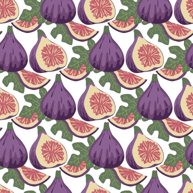 Vector hand drawn fig fruits and foliage seamless pattern tropical fruits wholepart and leaves background