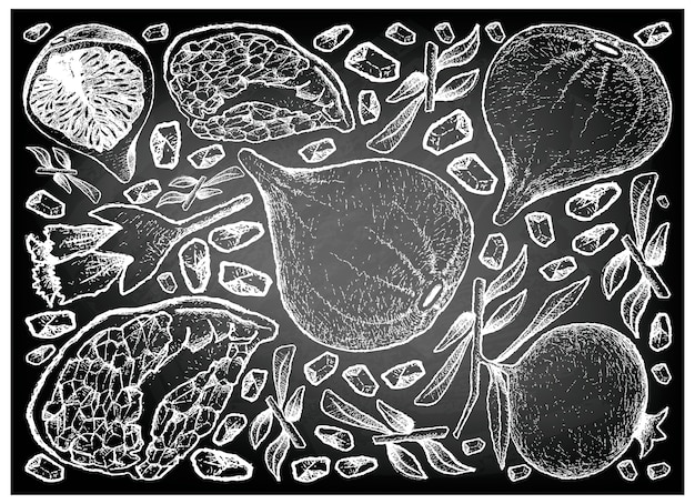 Hand Drawn of Figs and Pomegranate on Chalkboard Background