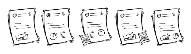 hand drawn financial analytics document and calculator icon in doodle style