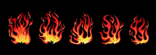 Hand drawn fire illustration on black background for element design silhouette of flames in set