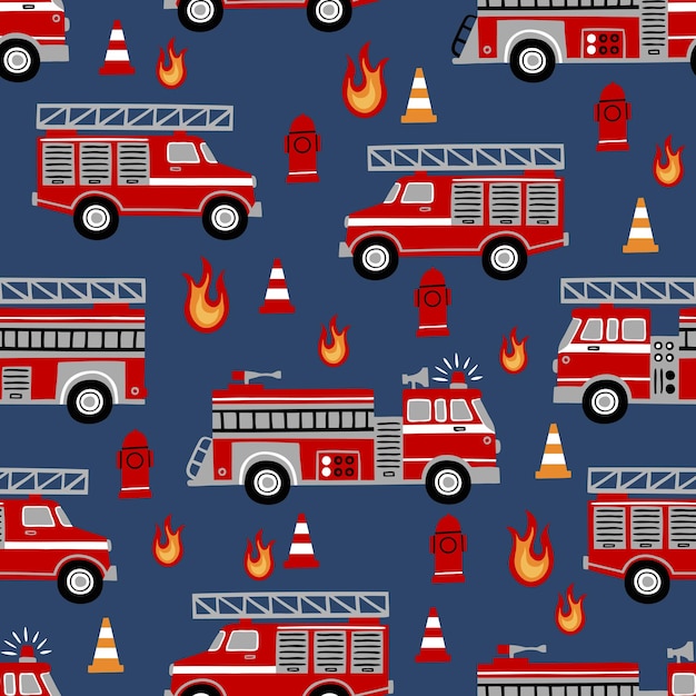 濃紺の背景に手描きの消防車のシームレスなベクトルパターン。