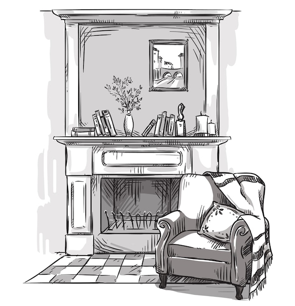 Vector hand drawn fireplace and an armchair. a cozy place at home.