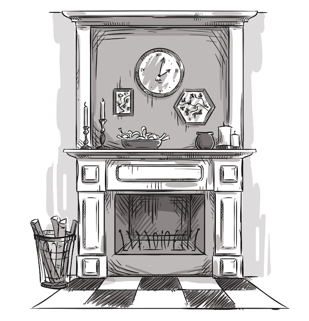 Vector hand drawn fireplace. a cozy place at home vector line drawing