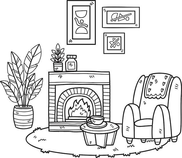 Hand Drawn Fireplace with plants and sofa interior room illustration