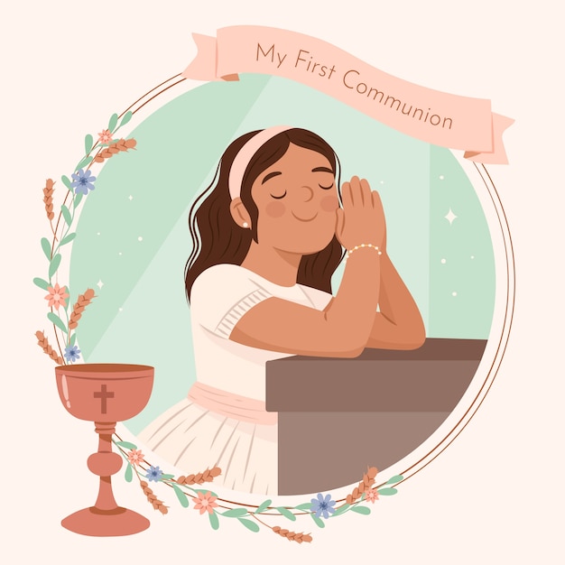 Vector hand drawn first communion girl illustration