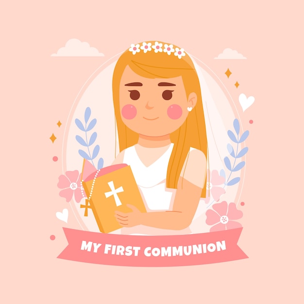 Vector hand drawn first communion girl illustration