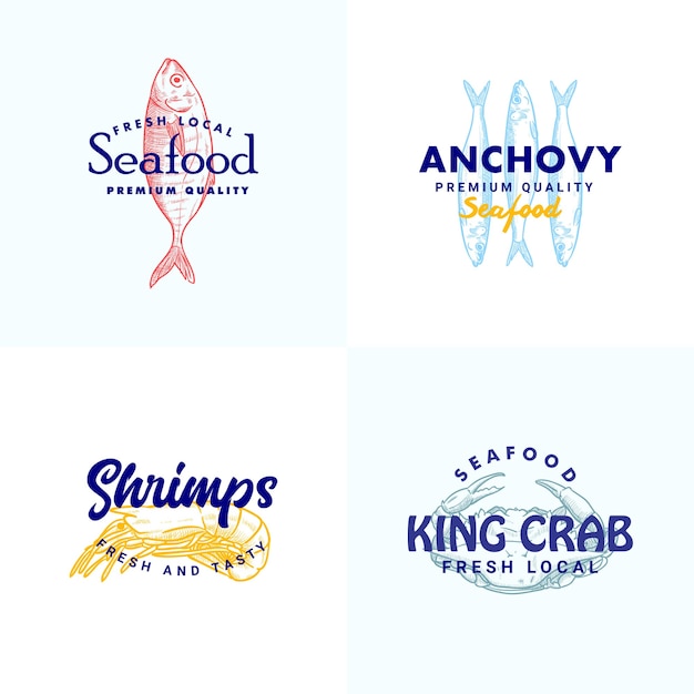 Collezione di modelli di logo di illustrazione di granchio di shripms di acciughe di pesce disegnato a mano per marca di frutti di mare