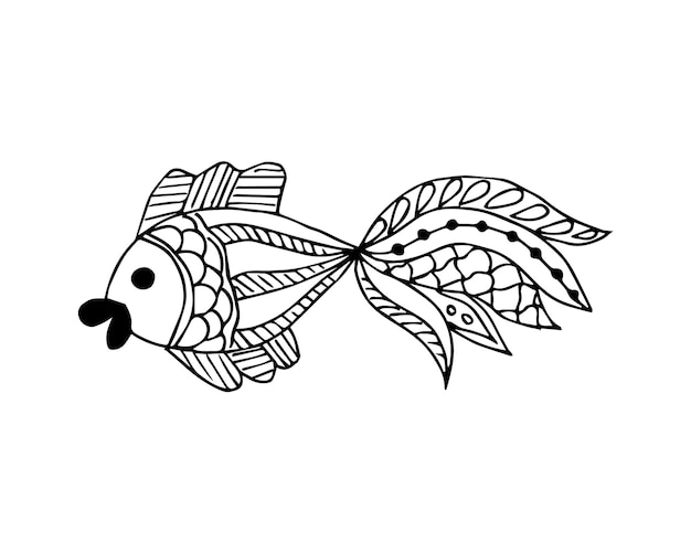 Hand drawn fish in doodle or sketch style single element in black and white color