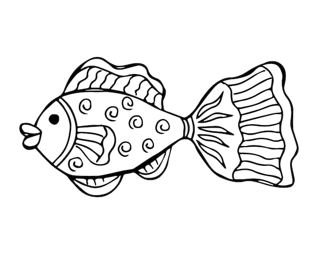 Hand drawn fish in doodle or sketch style single element in black and white color