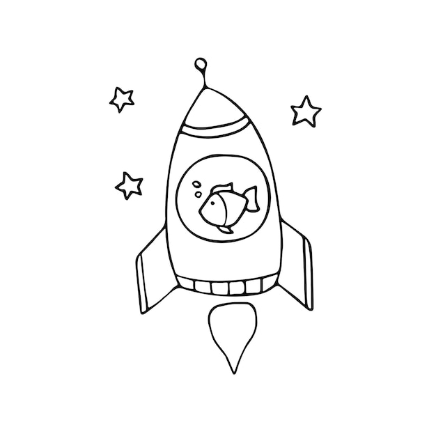 hand drawn fish in rocket ship Cartoon Mascot Character Vector illustration