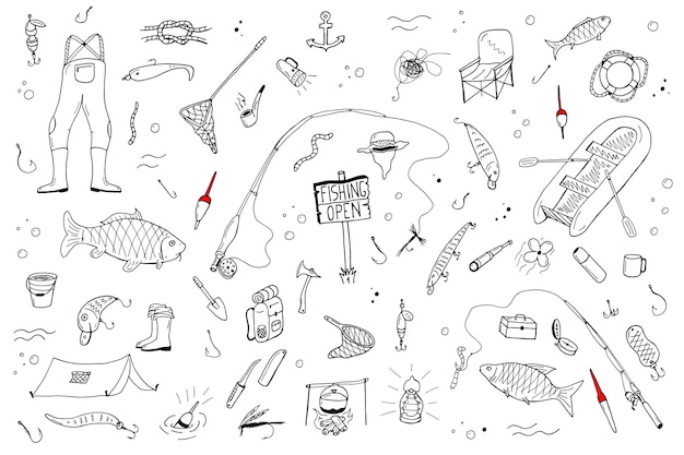 Hand drawn fishing setFishing stuff in doodle style