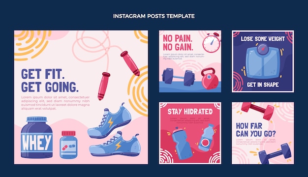 Vector hand drawn fitness instagram posts template