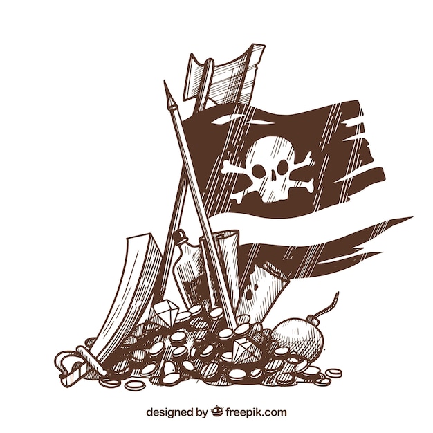 Vector hand drawn flag and treasure background