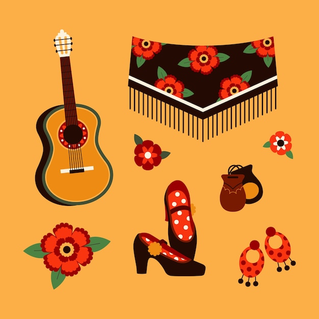 Vector hand drawn flamenco dance element collection