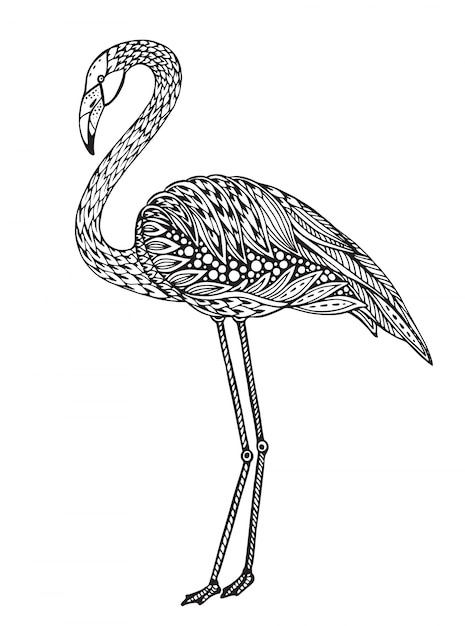 Ручной обращается фламинго птица в стиле богато фантазии каракули.