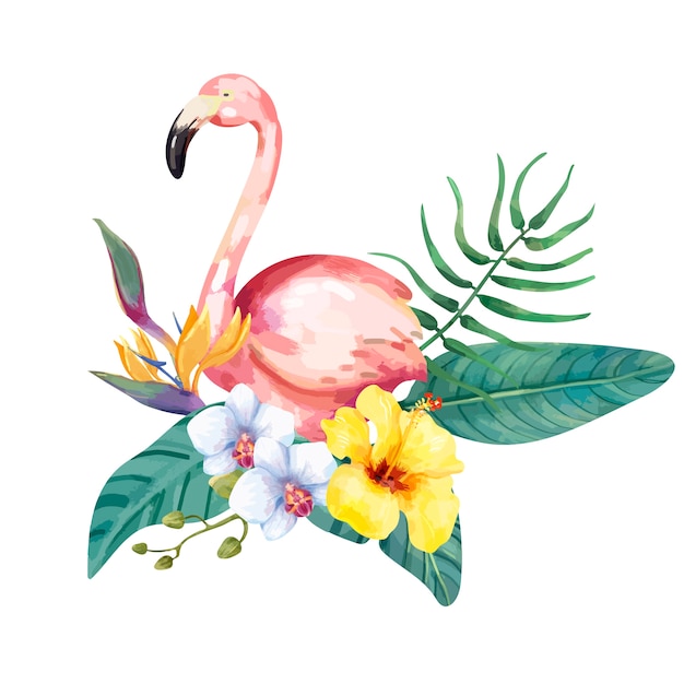 Vector hand drawn flamingo bird with tropical flowers