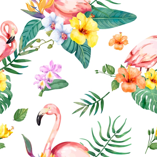 Hand drawn flamingo bird with tropical flowers