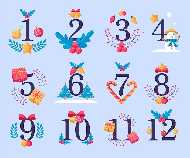 Hand drawn flat 12 days of christmas illustration