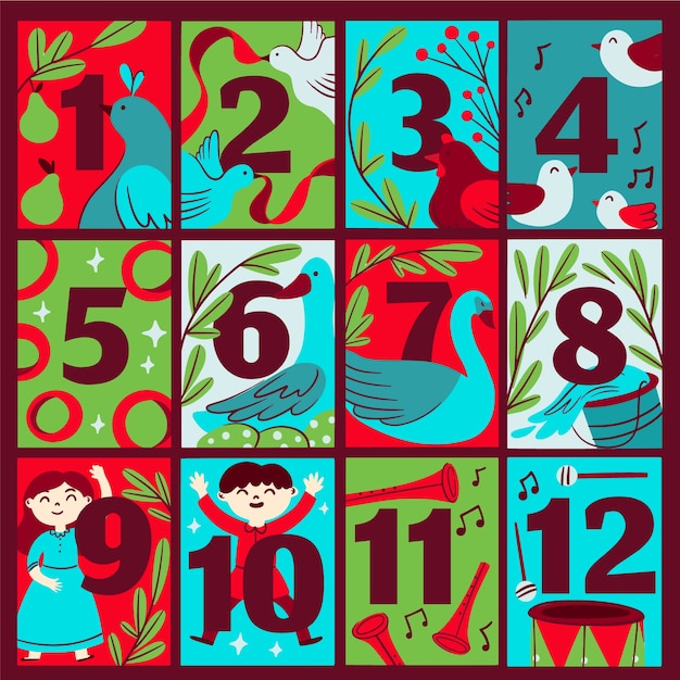 Hand drawn flat 12 days of christmas illustration